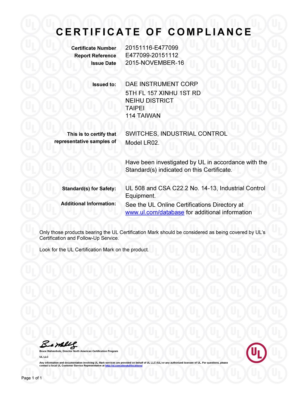 LR02 UL Certificate notice